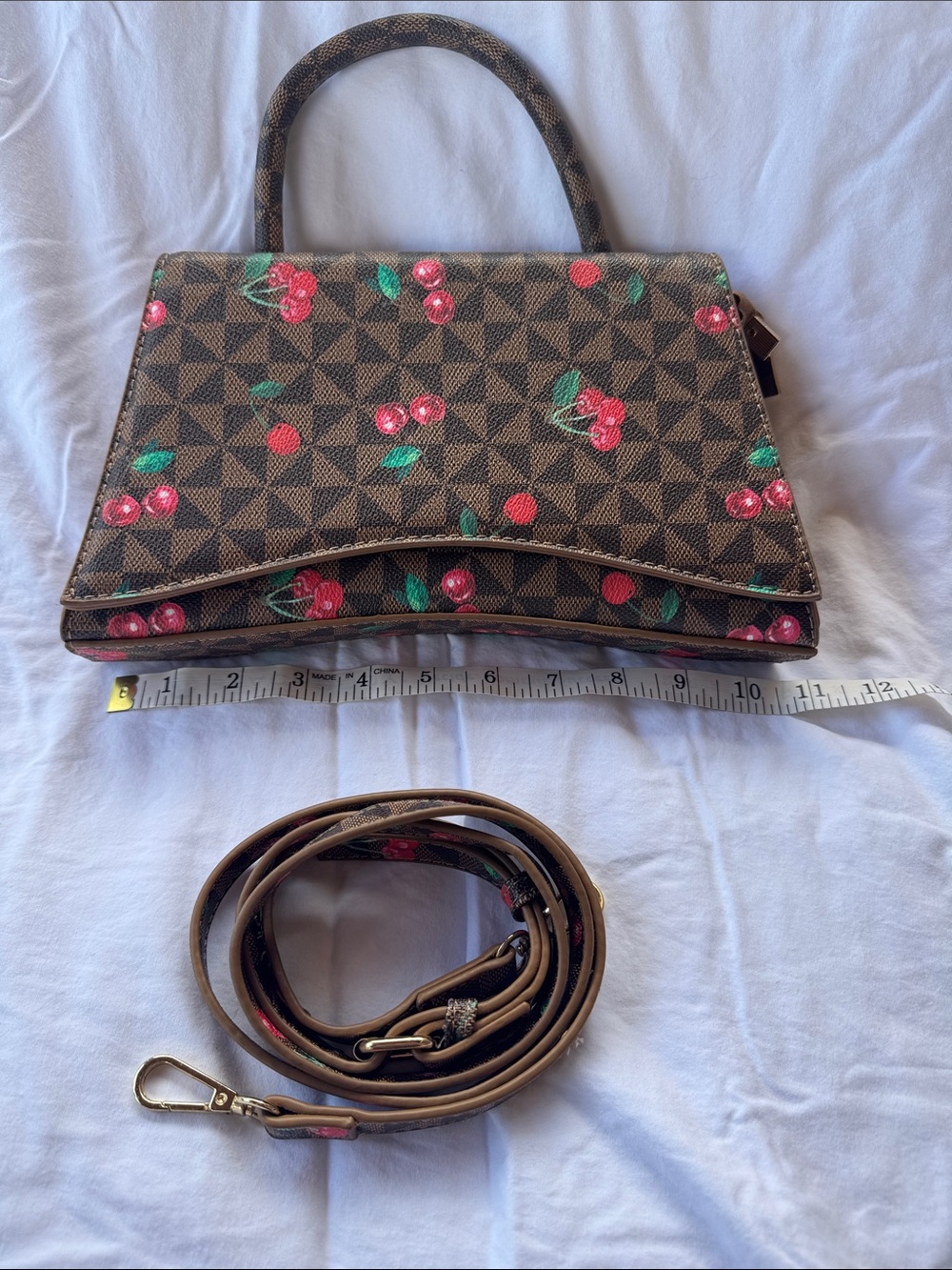 Top-Handle Cherry Print Brown Crossbody Bag